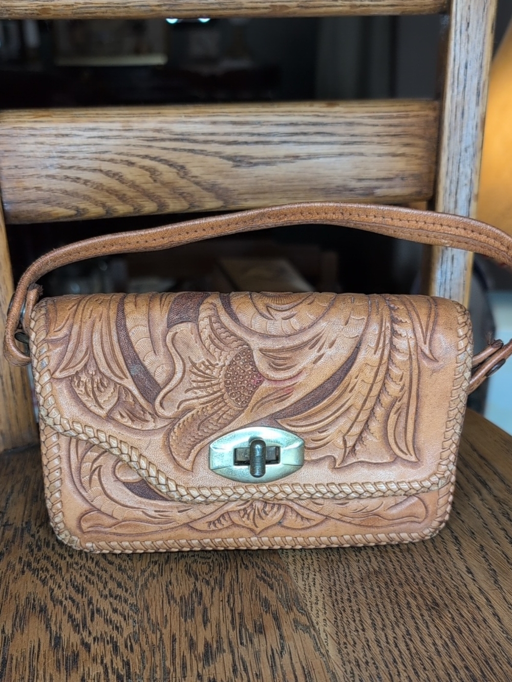 Hand-Tooled Leather Wristlet Clutch in Tan